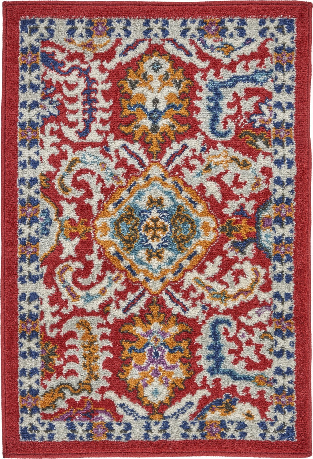 2' X 3' Red And Ivory Damask Power Loom Area Rug