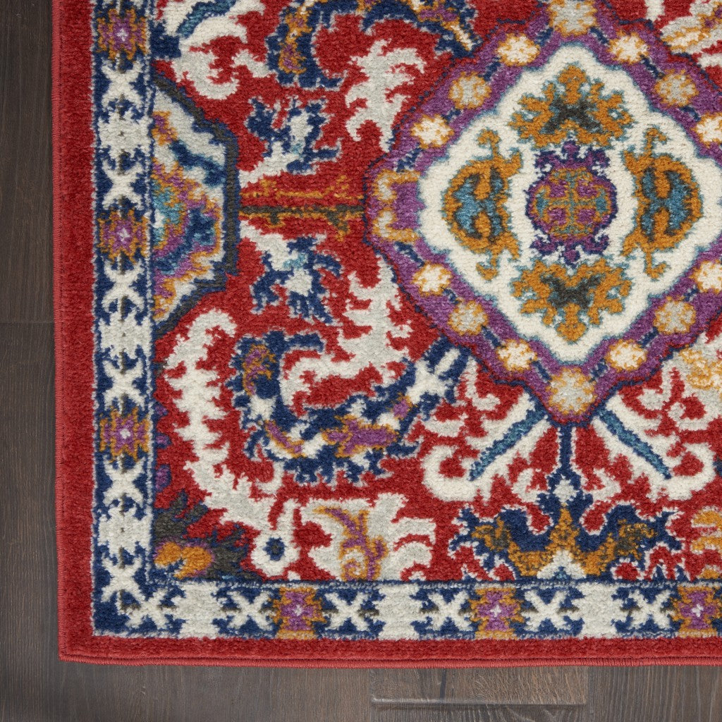 2' X 3' Red And Ivory Damask Power Loom Area Rug