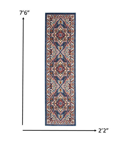 8' Blue And Ivory Power Loom Runner Rug