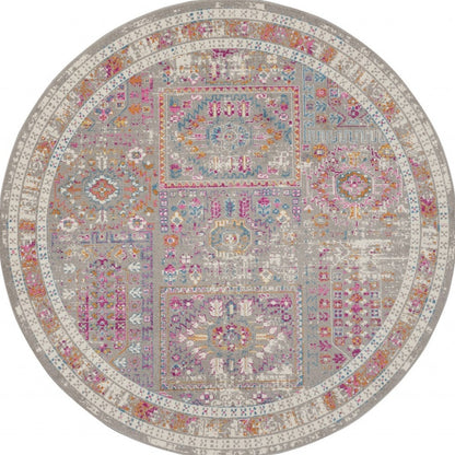 8' Pink And Gray Round Abstract Power Loom Area Rug