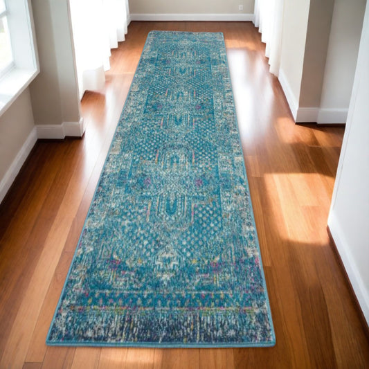 10' Blue Southwestern Power Loom Runner Rug - 26.0" (L) x 120.0" (W) x 0.28" (H)