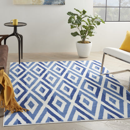 4' X 6' Blue And Ivory Geometric Dhurrie Area Rug