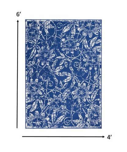 4' X 6' Navy Blue Floral Dhurrie Area Rug