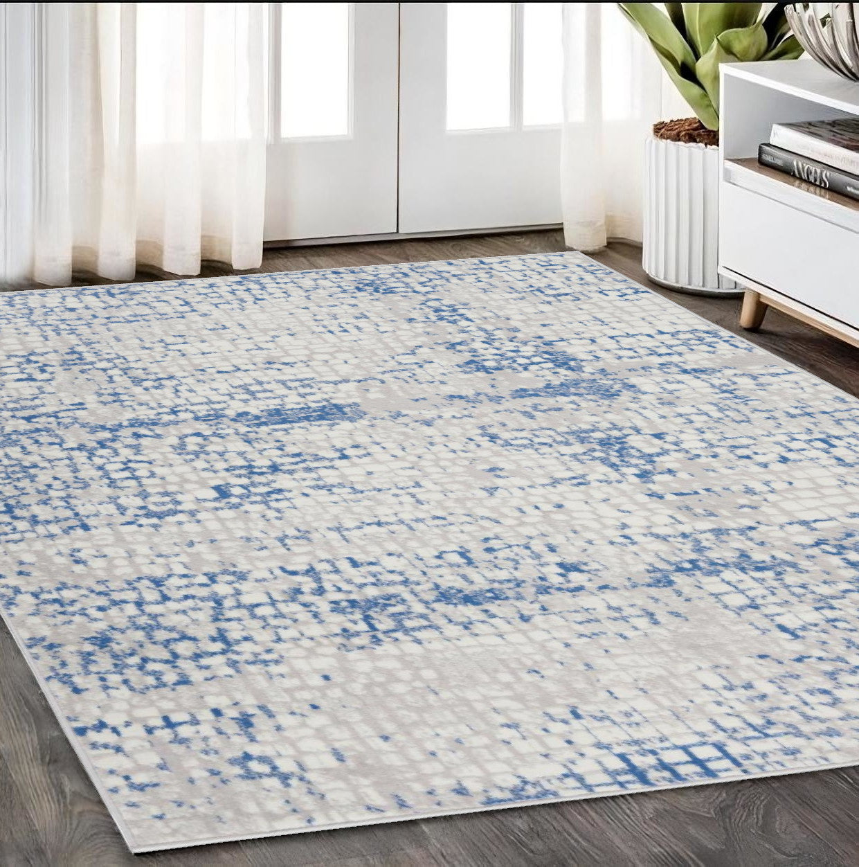 5' X 7' Blue Gray Abstract Dhurrie Area Rug - 60.0" (H) x 84.0" (W) x 1.0" (D)