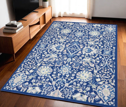 5' X 7' Navy Blue Floral Dhurrie Area Rug FurniFindUSA