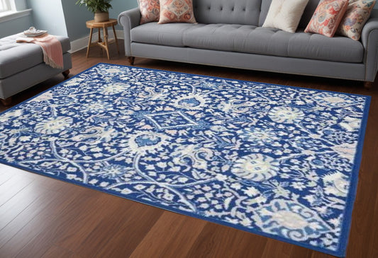 6' X 9' Navy Blue Floral Dhurrie Area Rug - 72.0" (H) x 108.0" (W) x 1.0" (D)