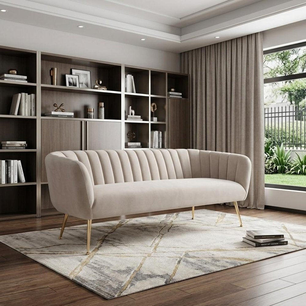 70" Beige Velvet Sofa With Gold Legs HomeRoots