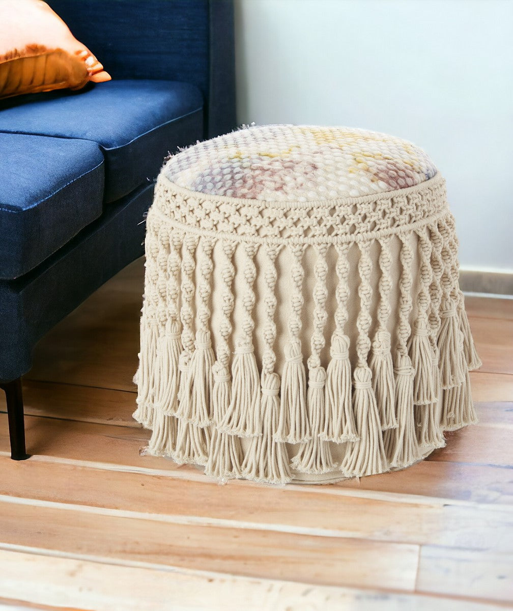 18" Ivory and Blue Cotton Round Abstract Pouf Ottoman