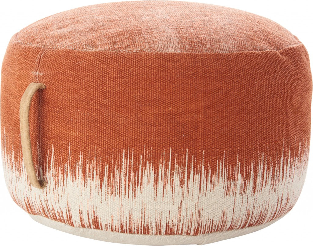 20" Orange and White Cotton Round Abstract Pouf Ottoman