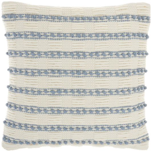 18" Pale Blue And Ivory Textured Stripes Throw Pillow