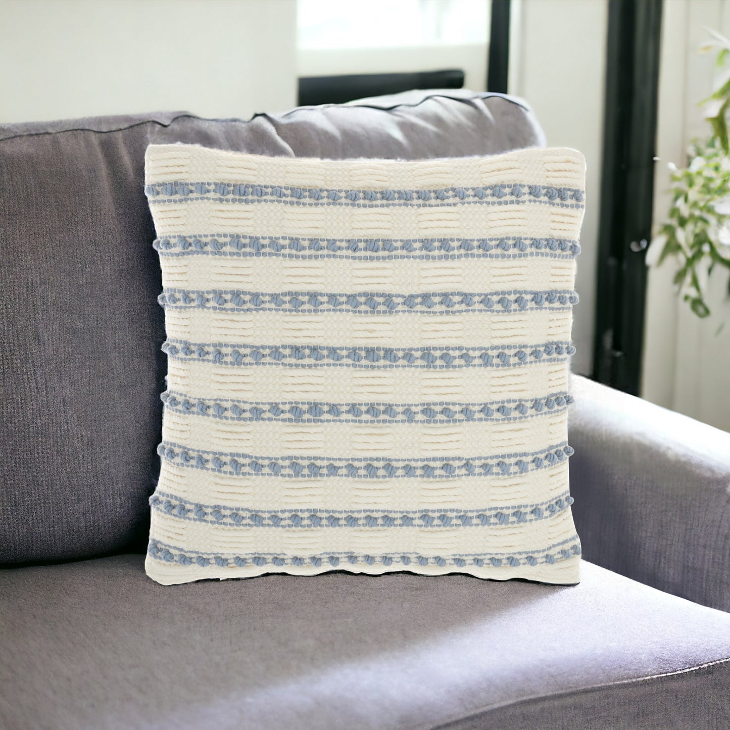 18" Pale Blue And Ivory Textured Stripes Throw Pillow