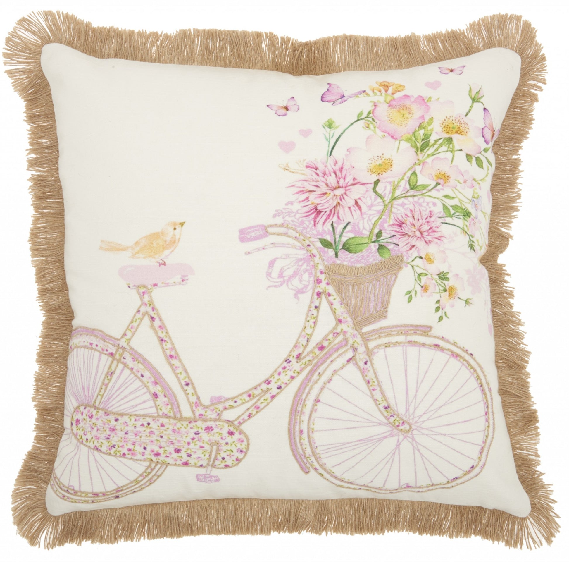18" Beige and Pink Bicycle and Flowers Indoor Outdoor Throw Pillow With Fringe - FurniFindUSA