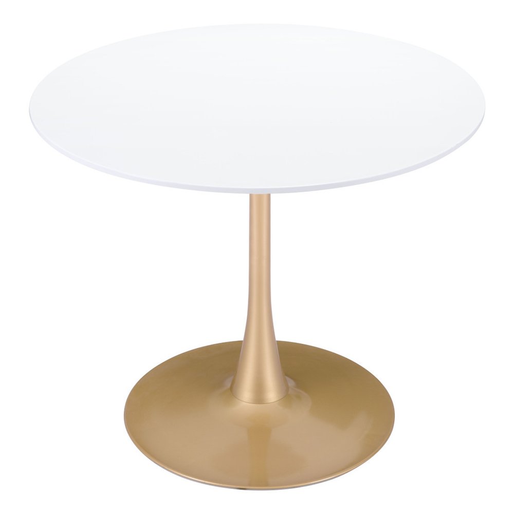 35" White and Gold Wood and Steel Pedestal Base Round Top Dining Table HomeRoots