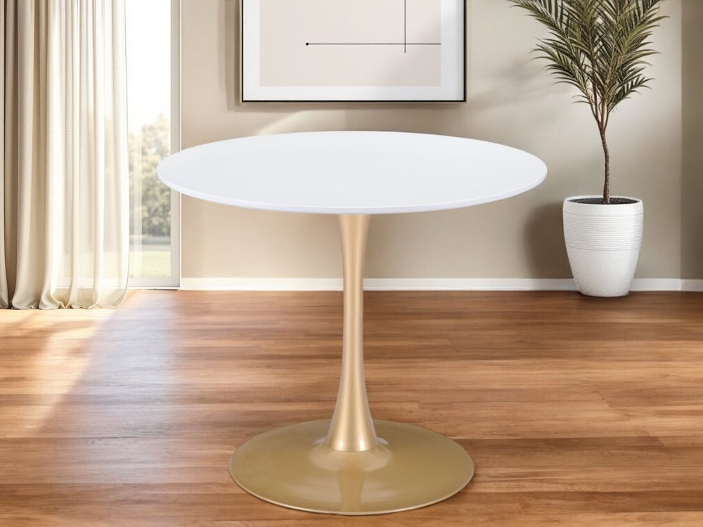 35" White and Gold Wood and Steel Pedestal Base Round Top Dining Table HomeRoots