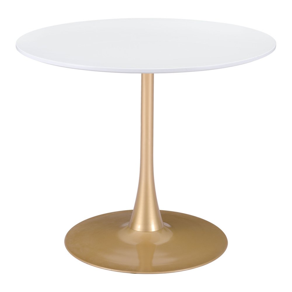 35" White and Gold Wood and Steel Pedestal Base Round Top Dining Table HomeRoots