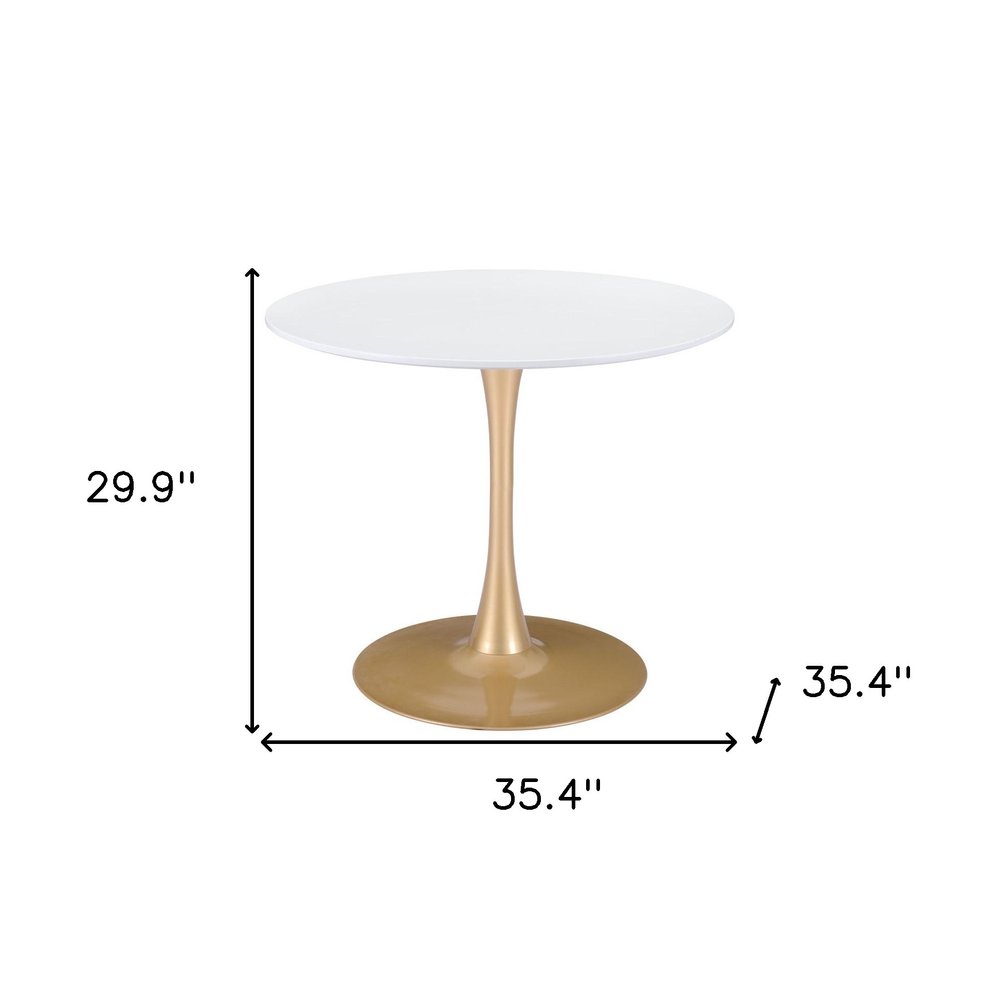 35" White and Gold Wood and Steel Pedestal Base Round Top Dining Table HomeRoots