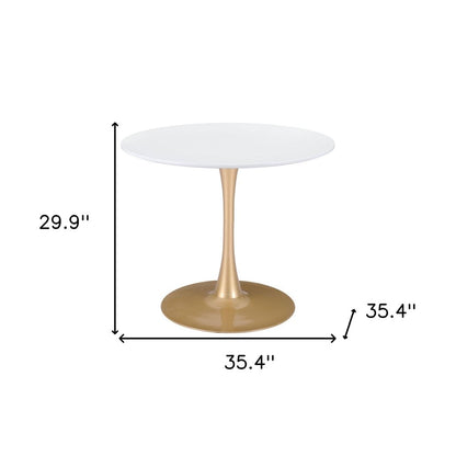 35" White and Gold Wood and Steel Pedestal Base Round Top Dining Table HomeRoots