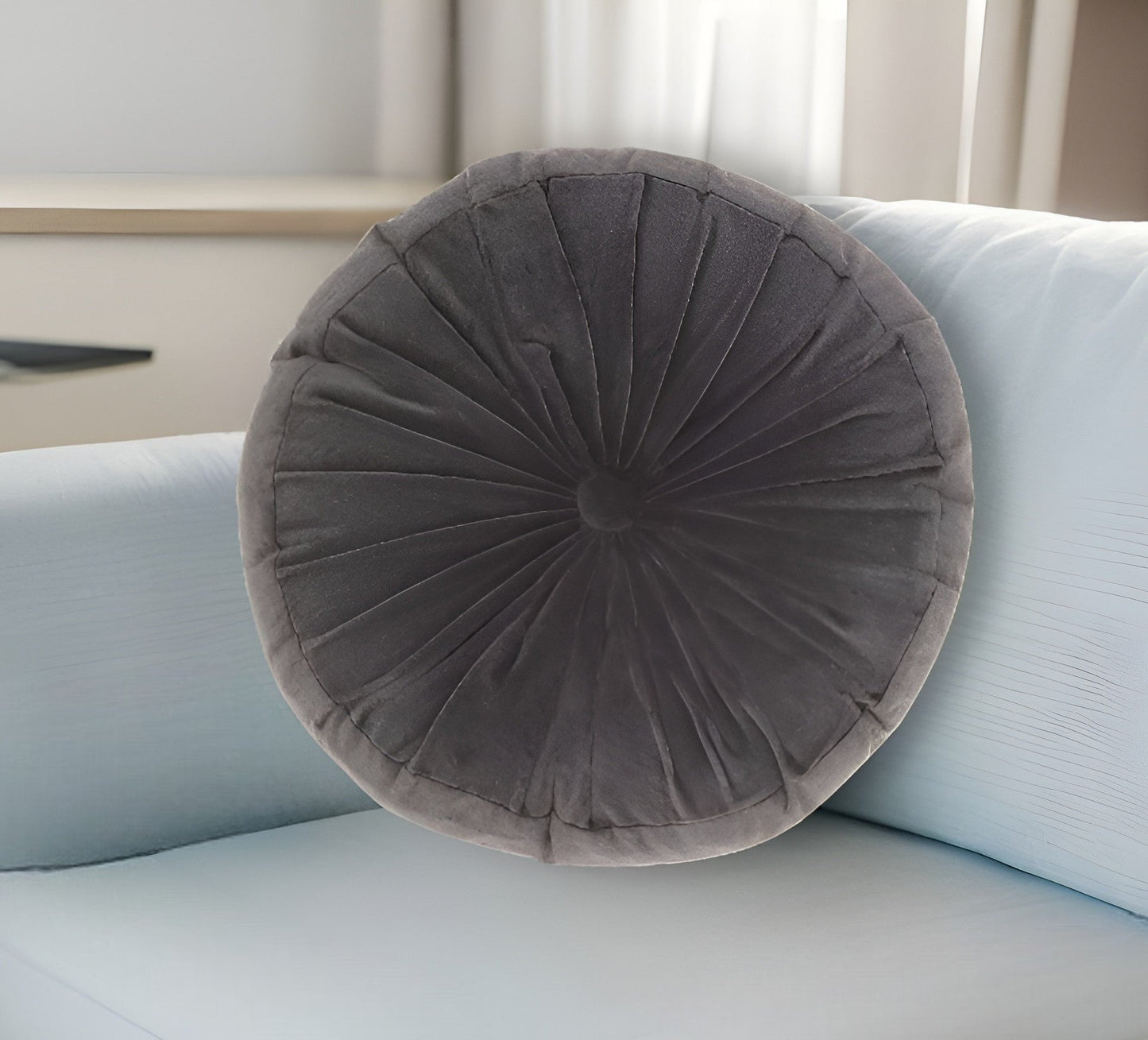 16" Dark Gray Round Tufted Velvet Throw Pillow FurniFindUSA