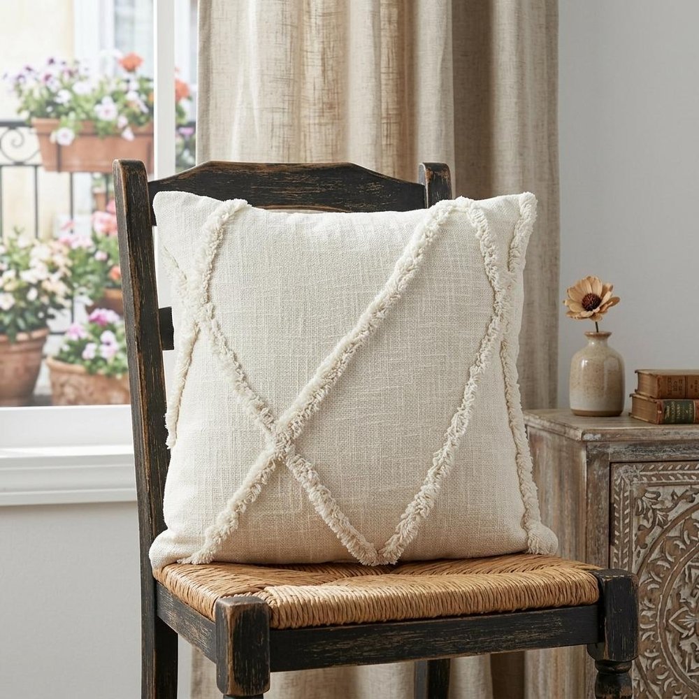 Boho Chic White Textured Lines Throw Pillow — view 7