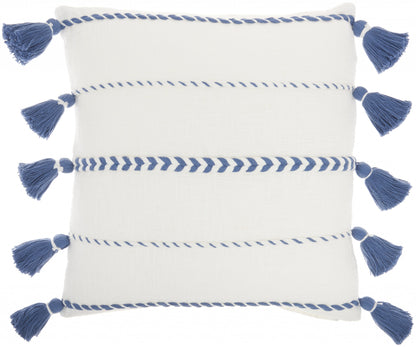 Bohemian White Cotton Accent Pillow With Blue Tassel Details