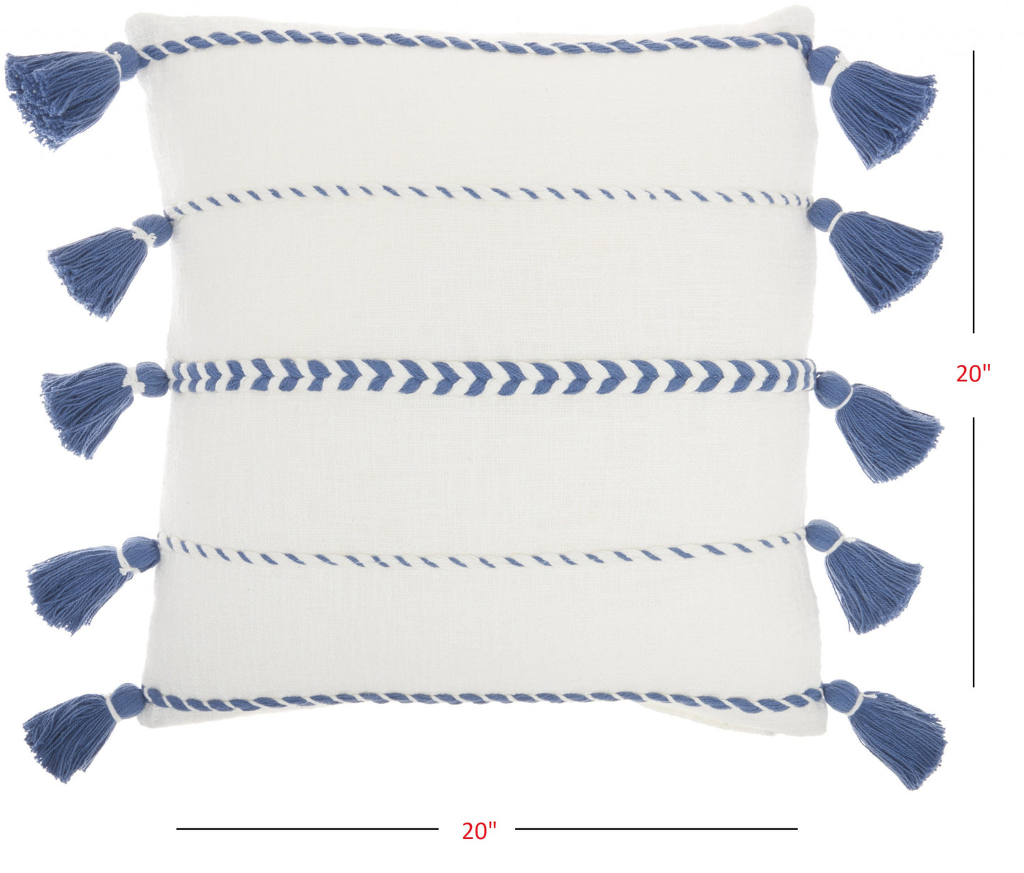 Bohemian White Cotton Accent Pillow With Blue Tassel Details