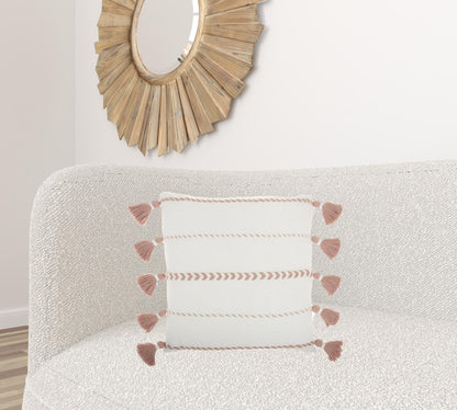 Bohemian White Cotton Accent Pillow With Blush Tassel Details