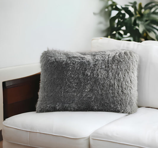 14" X 20" Slate Gray Faux Fur Throw Pillow FurniFindUSA