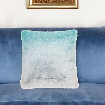 20" Turquoise and Silver Ombre Faux Fur Throw Pillow FurniFindUSA