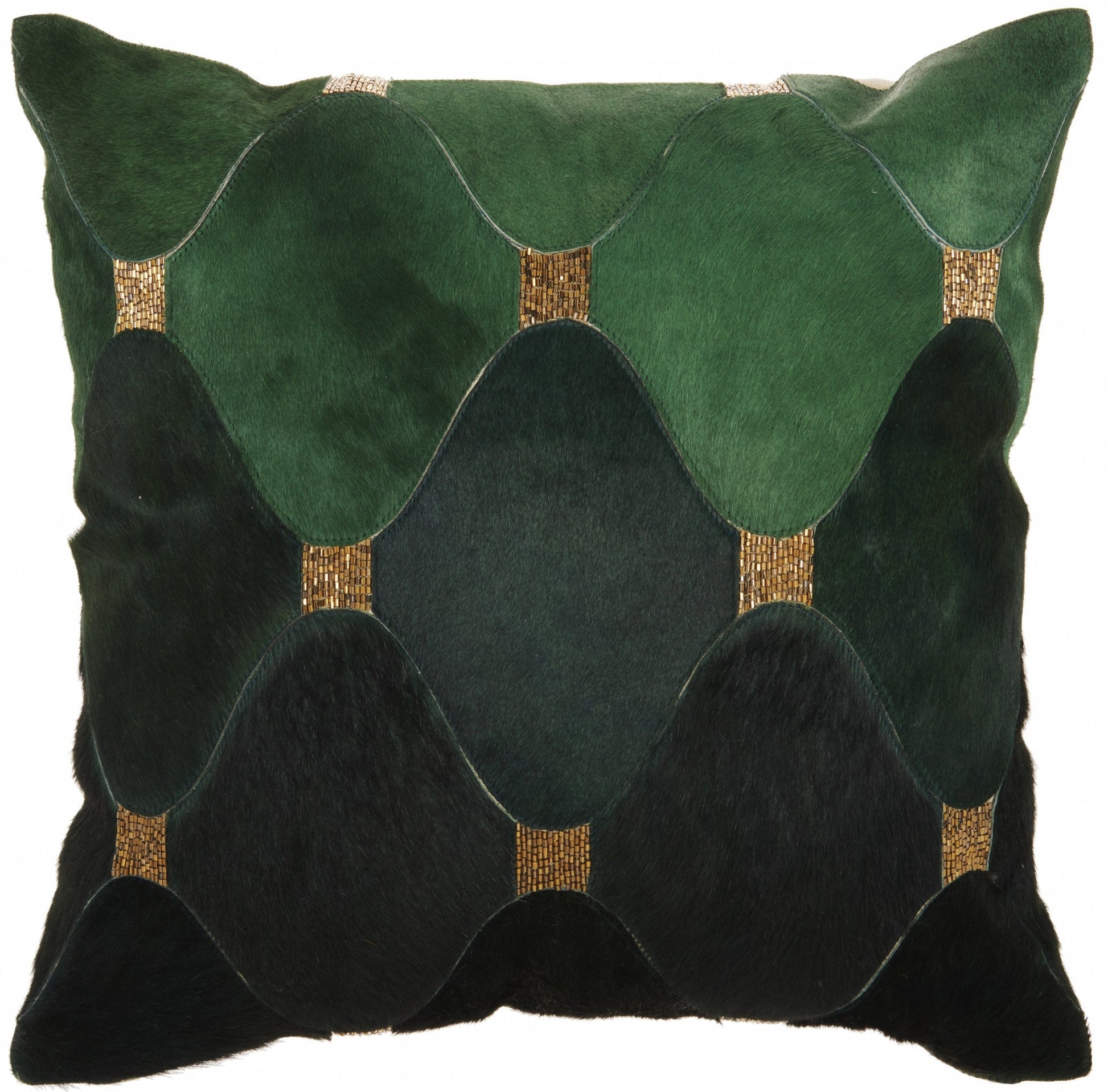 18" X 18" Green Geometric Cowhide Pillow With Sequins FurniFindUSA