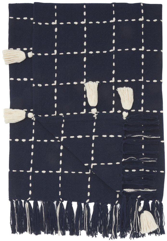 Navy And White Stitched Square Pattern Cotton Throw Blanket HomeRoots