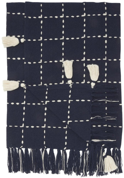 Navy And White Stitched Square Pattern Cotton Throw Blanket HomeRoots