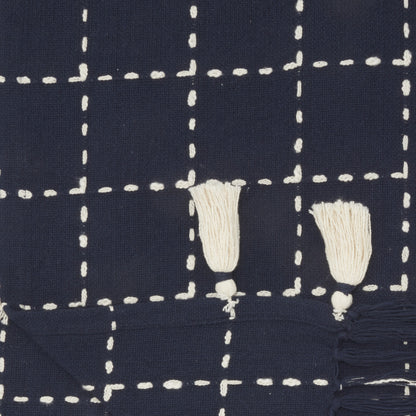 Navy And White Stitched Square Pattern Cotton Throw Blanket