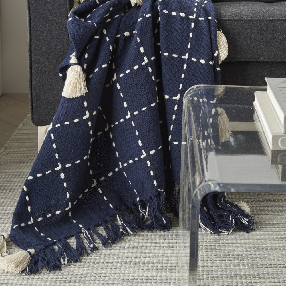 Navy And White Stitched Square Pattern Cotton Throw Blanket — view 4