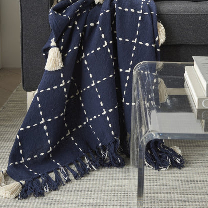 Navy And White Stitched Square Pattern Cotton Throw Blanket HomeRoots
