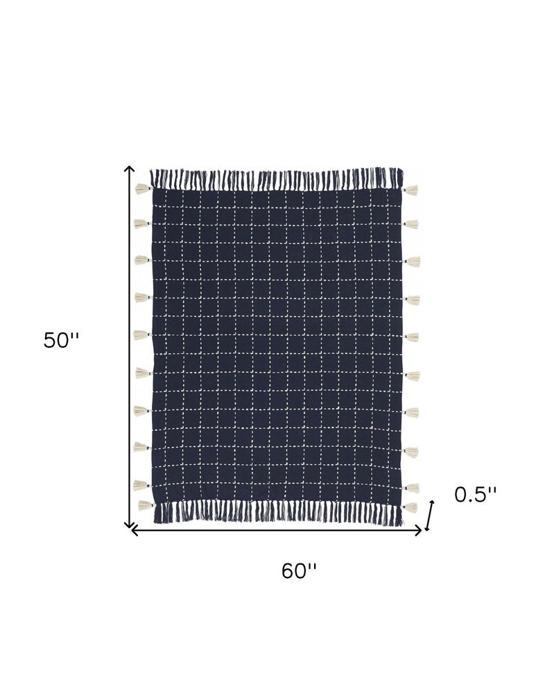 Navy And White Stitched Square Pattern Cotton Throw Blanket HomeRoots