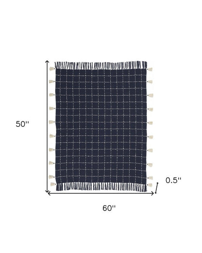 Navy And White Stitched Square Pattern Cotton Throw Blanket HomeRoots