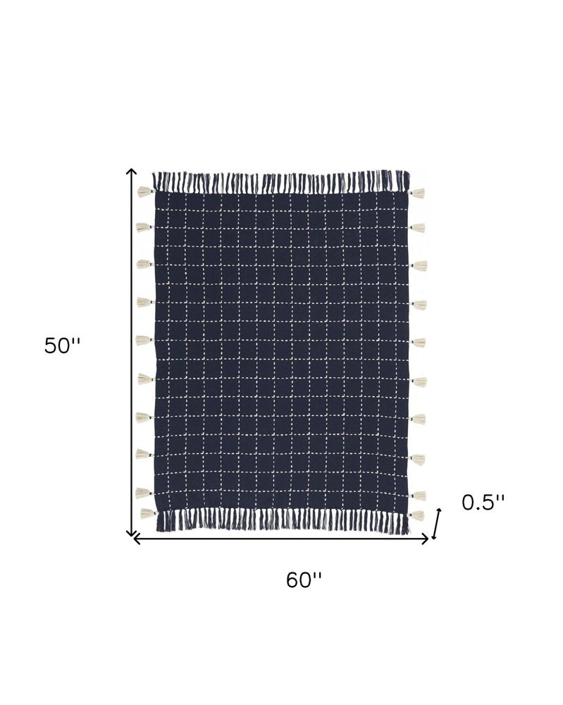 Navy And White Stitched Square Pattern Cotton Throw Blanket — view 2