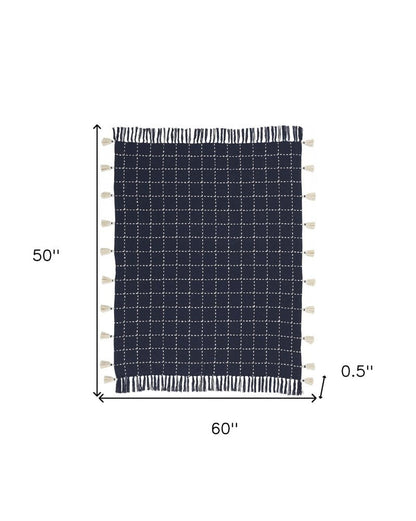 Navy And White Stitched Square Pattern Cotton Throw Blanket