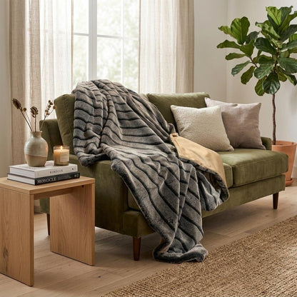 Gray Faux Fur Striped Plush Throw HomeRoots