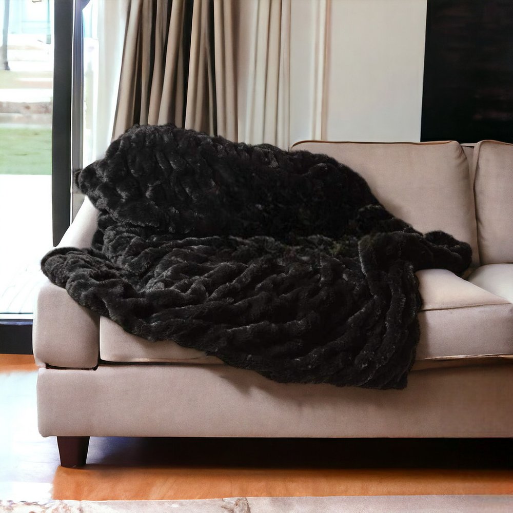 60" X 2" Black Faux Fur Plush Throw Blanket HomeRoots