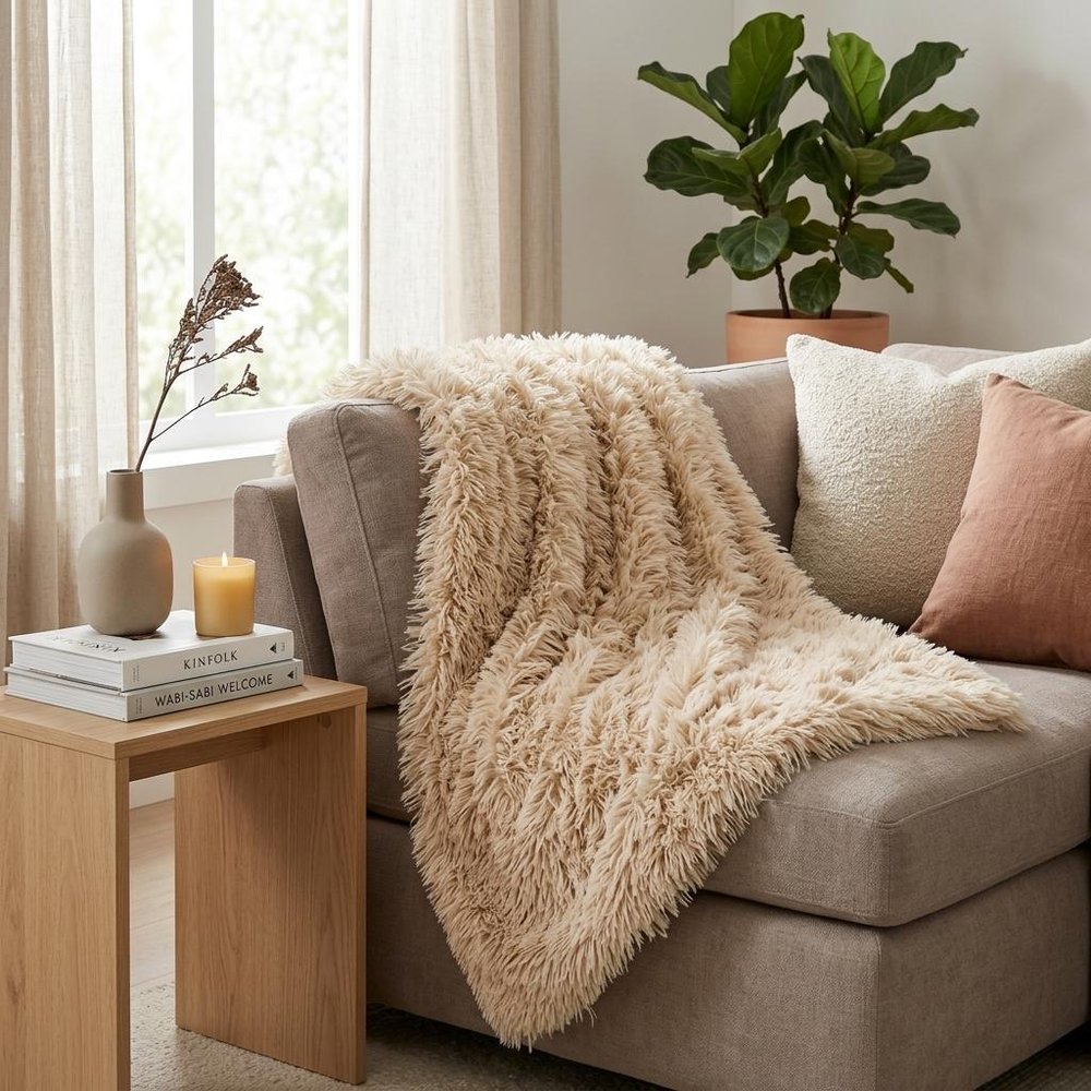 Beige Wool Solid Color Plush Throw HomeRoots