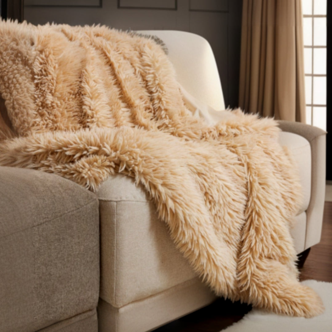 Beige Wool Solid Color Plush Throw