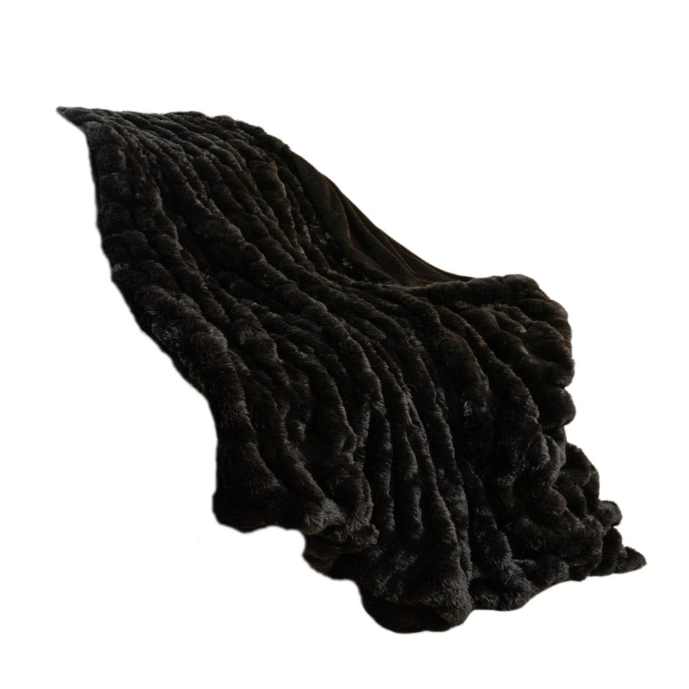 Chunky Sectioned Black Faux Fur Throw Blanket — view 3