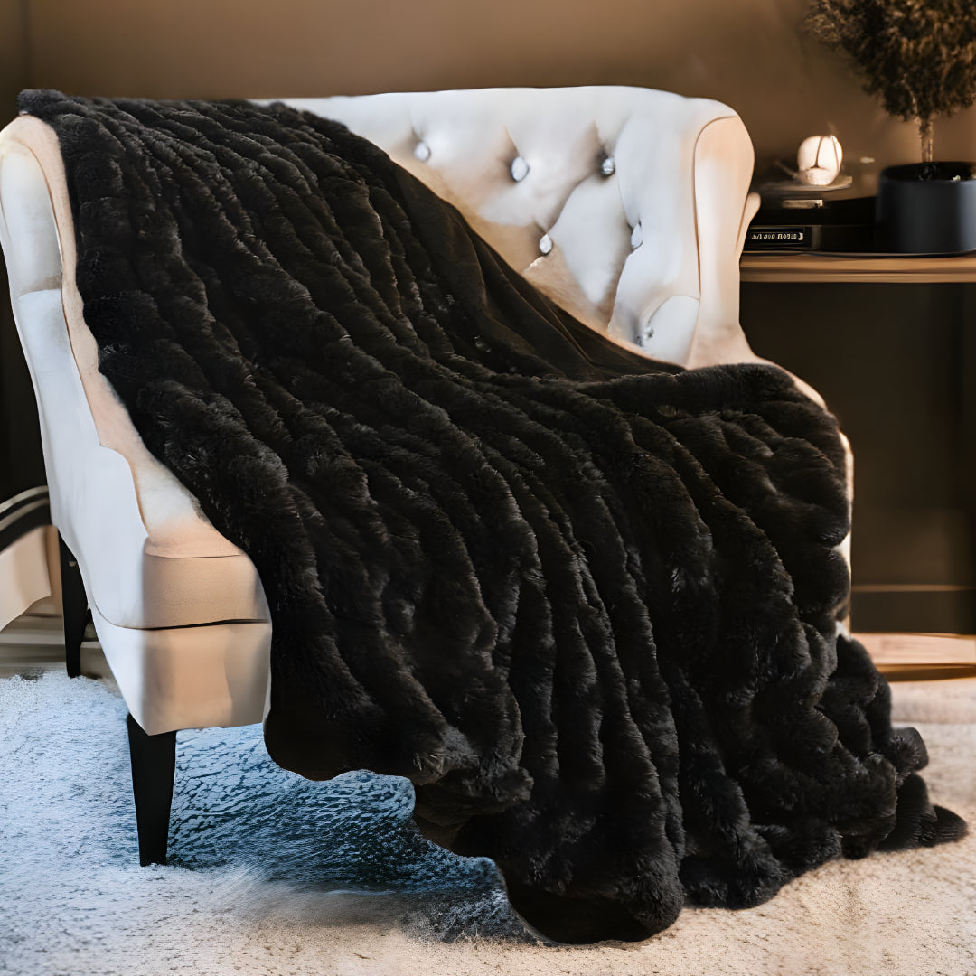 Chunky Sectioned Black Faux Fur Throw Blanket