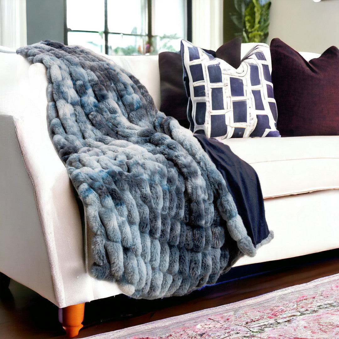 Chunky Sectioned Shades Of Blue Faux Fur Throw Blanket