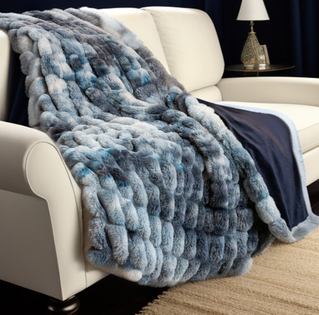 Chunky Sectioned Shades Of Blue Faux Fur Throw Blanket