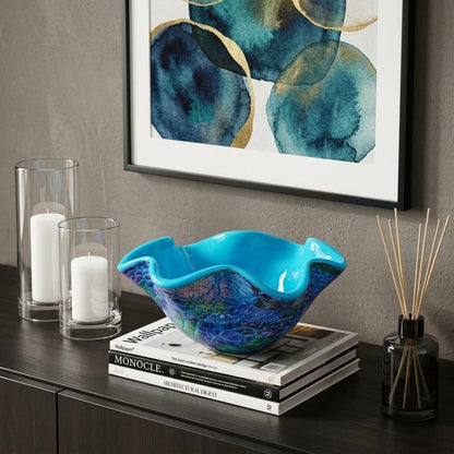 9" Modern Blue And Green Glass Centerpiece Bowl HomeRoots