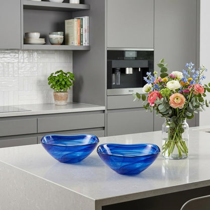Set Of Two Modern Soft Square Blue Swirl Glass Bowls HomeRoots