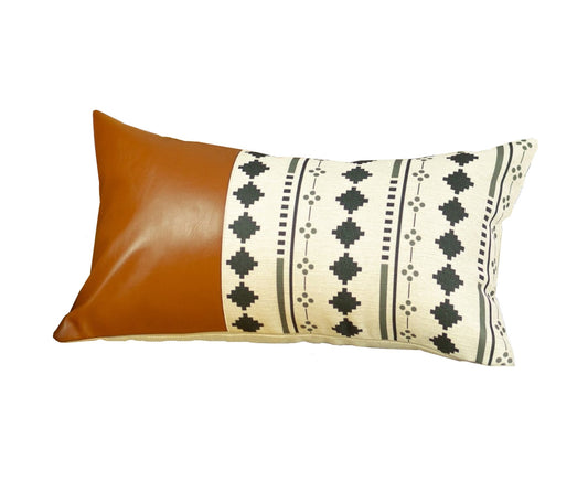 Geometric Patterns And Brown Faux Leather Lumbar Pillow Cover