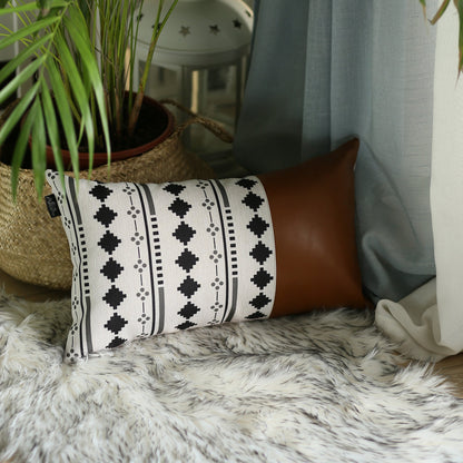 Geometric Patterns And Brown Faux Leather Lumbar Pillow Cover